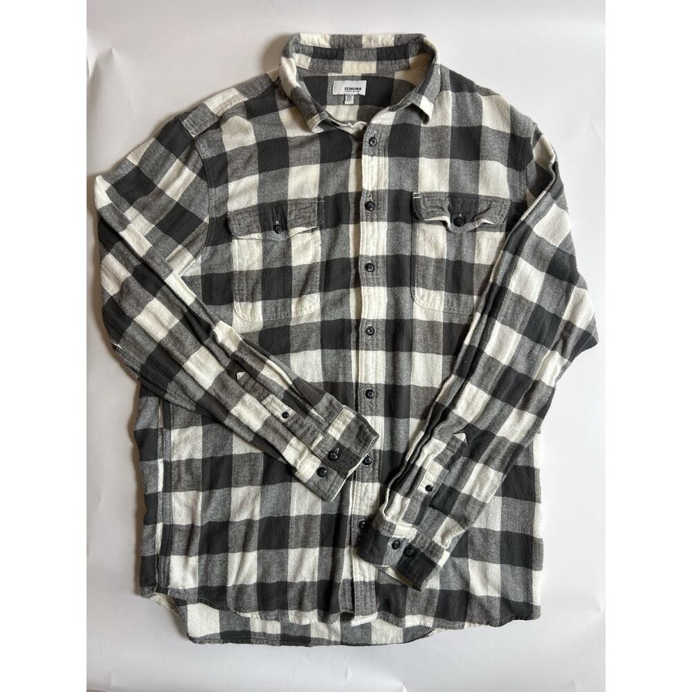 Sonoma Goods For Life Men's Gray/White/Black Plaid Flannel Button-Up LT